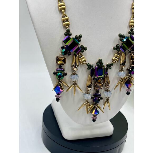 J. Crew Iridescent Dark Purple Green Rhinestone Spear Dangles Bib Necklace - Picture 2 of 9